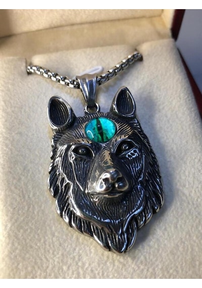 Viking Fenrir Kurt Başı Erkek Çelik Kolye Işıklı Kutuda Sevgiliye Eşe Babaya Hediye Kolye Beyaz