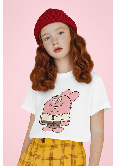 Sevbano Unisex Richard Watterson Baskılı Gumball Çizgi Film Çocuk Tişört Beyaz