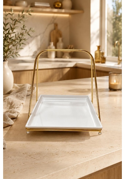 Gold Metal Standlı Melamin Servis Tepsisi Dekoratif Sunum Standı