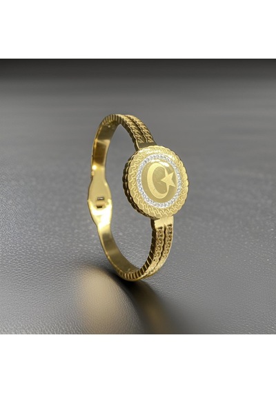 Türk Bayrağı Bilezik Model Gold Renk Parlak 316l Antialerjik Kadın Çelik Bileklik-9040729011841 Gold