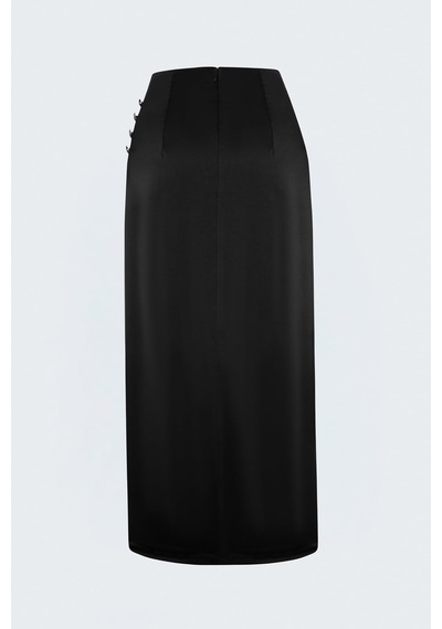 Sateen Düğme Detaylı Saten Etek - Siyah-138054