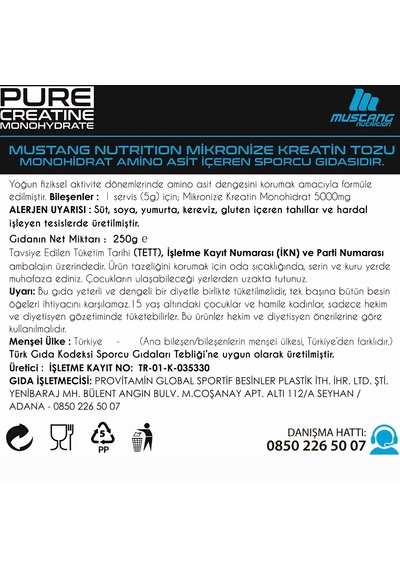Mustang Nutrition Core+ Pure Creatine Monohydrate Powder Kreatin 250 Gr 50 Servis + Shaker + Protein Kahve Hediyeli Aromasız