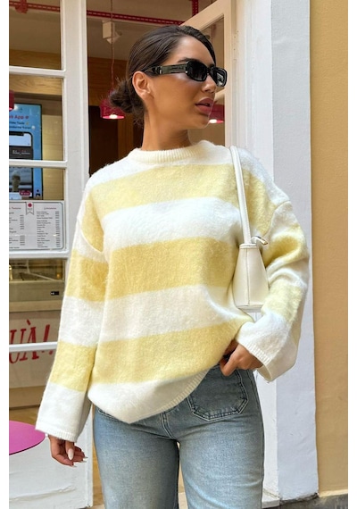 Madmext Sarı Bisiklet Yaka Çizgili Triko Kadın Kazak Mg2472 Sarı