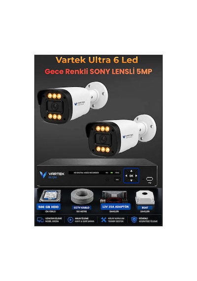 2 Kameralı Ultra 6 Ledli 5mp Sony Lensli Gece Renkli Güvenlik Kamerası Seti 500 Gb Hdd
