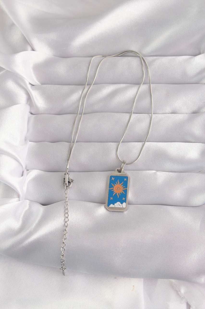 316l Çelik Gümüş Renk Mineli Güneş Tarot Kolye
