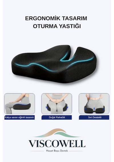 Ortopedik Visco Oturma Yastığı Koltuk Sandalye Minderi Kuyruk Sokumu Yastığı Siyah