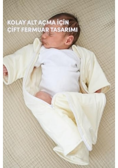 Minuche%100 Pamuk Bebek Uyku Tulumu - Elyaf Dolgulu Ve Kolay Alt Değiştirme İçin Çift Fermuarlı Krem, 3-6 Ay Açik Mavi