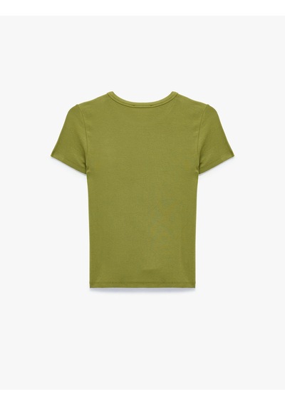Koton Viskon Kumaş Ribanalı Slim Fit Kısa Kollu Bisiklet Yaka Basic Tişört Haki 7wak50010ek