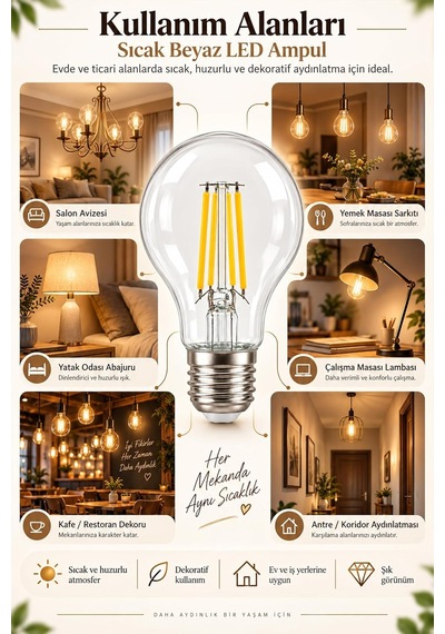 Tr A60 Dimmerli Rustik Gün Işığı 2200k Amber Led Ampul Filament E27 Duylu Filamanlı Edison Ampül Diğer