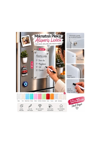 Akrilik Silinebilir Notluk Yazı Tahtası Mıknatıslı Not Panosu 12x20cm 2 Adet Kalemli Sürpriz Hediyeli