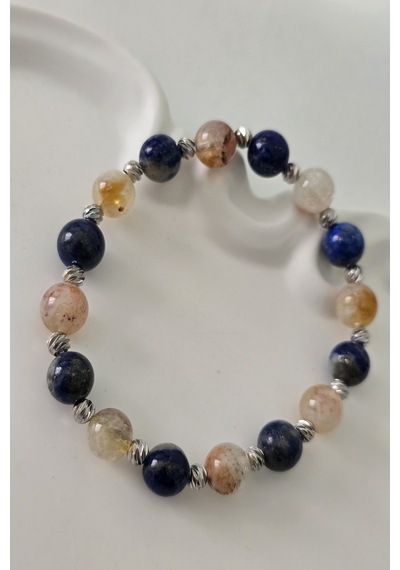 8 Mm Karlı Sitrin, Lapis Lazuli Doğaltaş Bileklik Açık Sarı