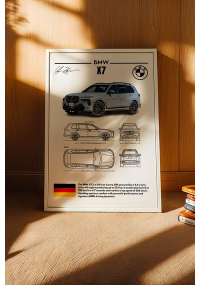 Bmw X7 Tablo - Teknik Özellikli Alman Full-size Lüks Suv Poster - Çerçeveli Duvar Dekoru - Blueprint Beyaz