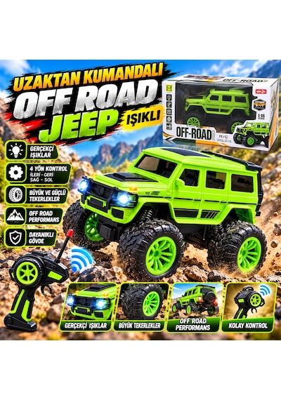 Uzaktan Kumandalı Işıklı Off Road Jeep 4 Yön Kontrollü Büyük Tekerlekli Rc Araç - Yeşil