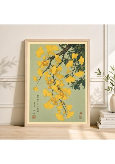 Japon Ginkgo Yaprakları Posteri, Vintage Botanik Sanat Baskısı, Ahşap Baskı Tarzı, Zen Ev Dekorasyonu