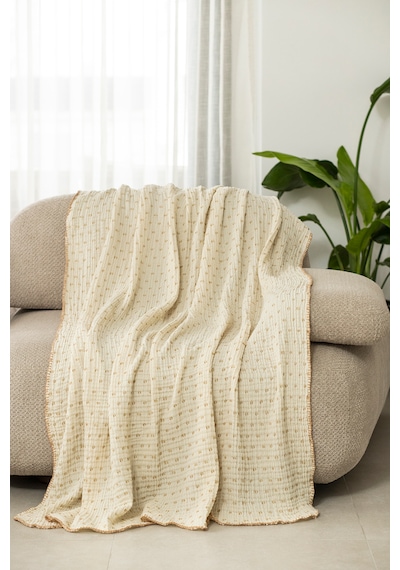 Krem Bej Müslin Tv Battaniyesi / Koltuk Şalı 130x170 Cm, 3 Katlı Noktalı, Çoban Dikişli Bej - Krem