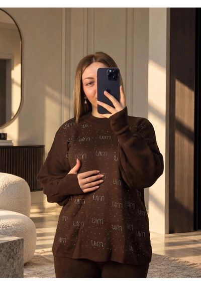 Elora Atelier Taş Detaylı Kahverengi Triko Takım