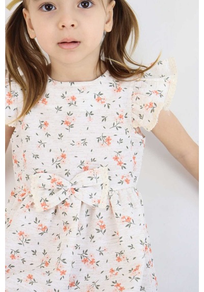 Esila Kids Kız Çocuk Elbise Bayramlık Elbise Çiçek Desenli Fiyonk Detaylı Büzgülü Kollu 3-6 Yaş Somon