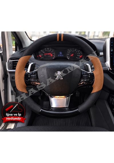 Peugeot 408 Dikme Direksiyon Kılıfı Delikli Deri Parlak Siyah Taba Detay Çift Yüzük Ve Dikiş 2022-2024