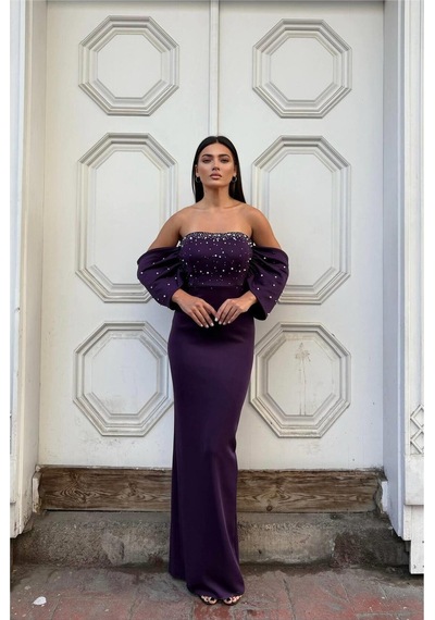 Genel Markalar Kadın İnce İşçilik Esnek Tül Kumaş Straplez Abiye Elbise Mor - 925383571 Mor