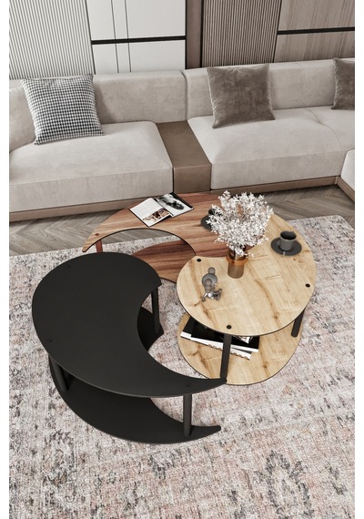 Yin Yang Unıty Serenıty Orta Sehpa 3 Lü Safir Meşe Madran Ceviz Siyah 90 Cm Çap Siyah