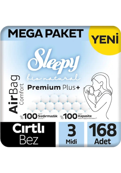 Sleepy Bio Natural Premium Plus Airbag Comfort Mega Paket Bebek Bezi 3 Numara Midi 168 Adet