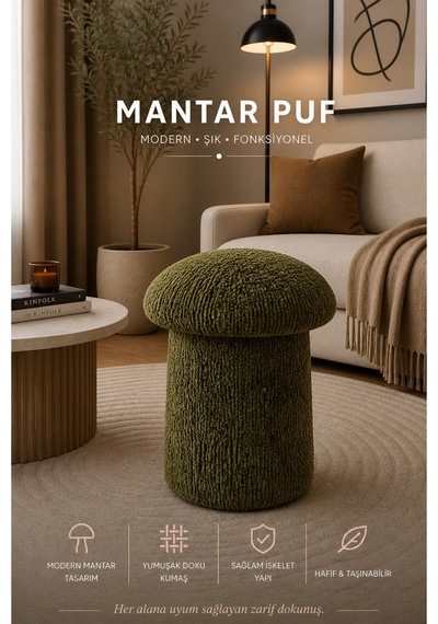 Luxury Mantar Puf İthal Bukle Kumaş, Modern & Zarif Yeşil - 873462318 Yeşil