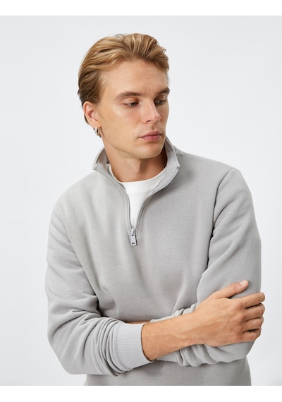 Koton Yarım Fermuarlı Sweatshirt Dik Yaka Uzun Kollu Şardonlu Gri 4wam70024mk Gri