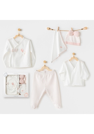 AndyWawa Kız Bebek Hastane Çikişi 5 Pcs Newborn Set Pink Baloons Ac25550 Ekru