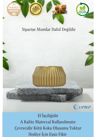 Mumluk Şamdan 3 Adet Tealight Uyumlu Çizgili Model - Altın