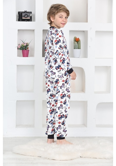 Modanino Erkek Çocuk Klasik Araba Baskılı Pijama Takımı 4-7 Yaş 12292 Beyaz