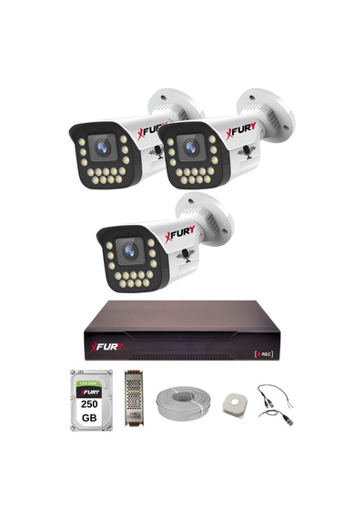Fury 3 Lü Sesli 15 Warm Led Gece Renkli Görüş Su Geçirmez Güvenlik Kamerası Seti 250gb
