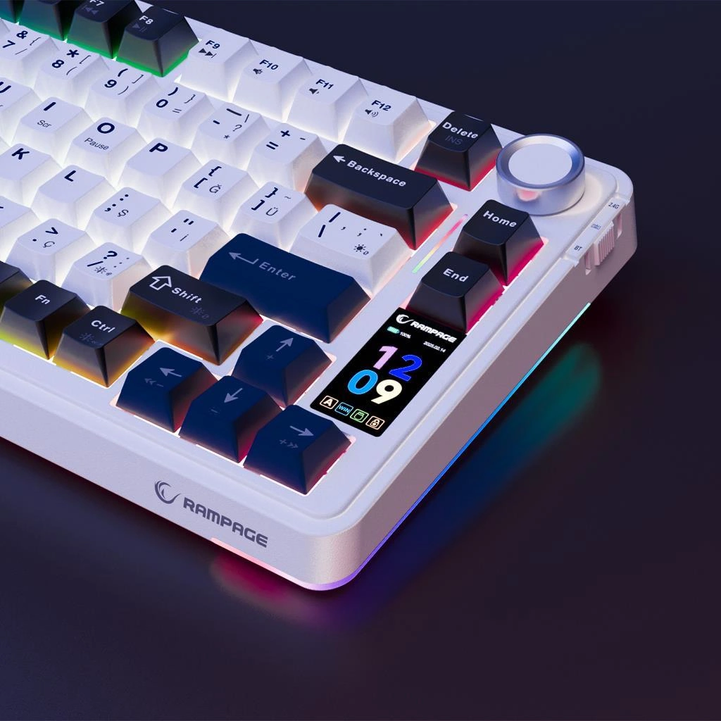 Rampage Quell Pro Dijital Ekranlı Beyaz Hot Swap 2.4g + Bt Wireless Rgb Gasket Oil Switch Türkçe Q Pbt Keycaps Mekanik Klavye
