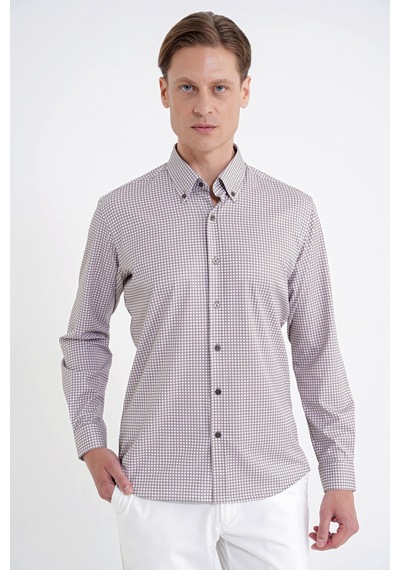 Slim Fit Pötikare Baskılı Pamuklu Yaka Düğmeli Vizon Gömlek G 1604