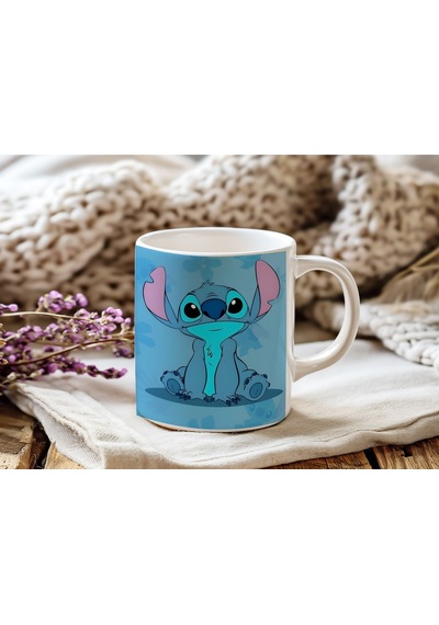 Stitch Mavi Tasarımlı Sevimli Karakter Kupa Bardak - Lilo And Stitch Temalı Bardak Beyaz