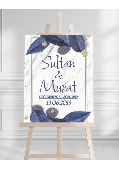 Söz Nişan Düğün İçin 50x70 Karşılama Panosu - Mavi Renk Çiçek Temalı 07 Beyaz