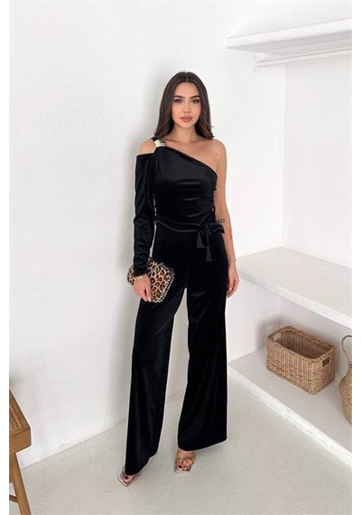 Neşeli Butik Kadın Siyah Kuşaklı Tek Omuz Kadife Kumaş Tulum Nbk068 Siyah
