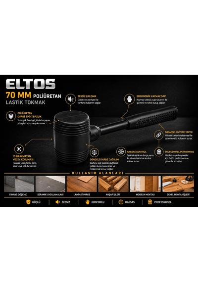 Eltos Ergonomik Lastik Tokmak, Poliüretan, Darbe Emici, Sessiz Çekiç, Hassas Yüzeyler, Dayanıklı, Kaymaz Saplı, Usta Ve Hobi Kullanımı, Yüksek Perform