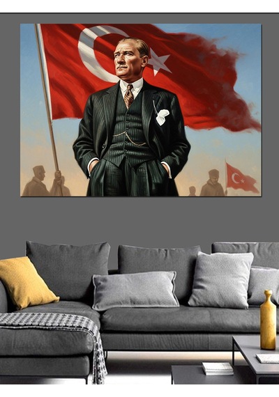 Türk Bayraklı Atatürk Dekoratif Kanvas - Mdf Ahşap Tablo