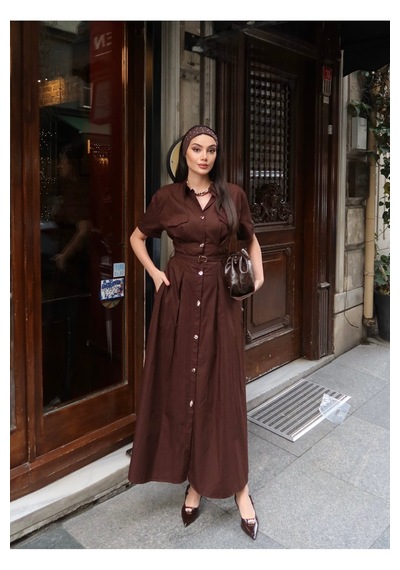 Kechi Woman Poplin Kumaş Düğmeli Kısa Kollu Yazlık Elbise Kahverengi