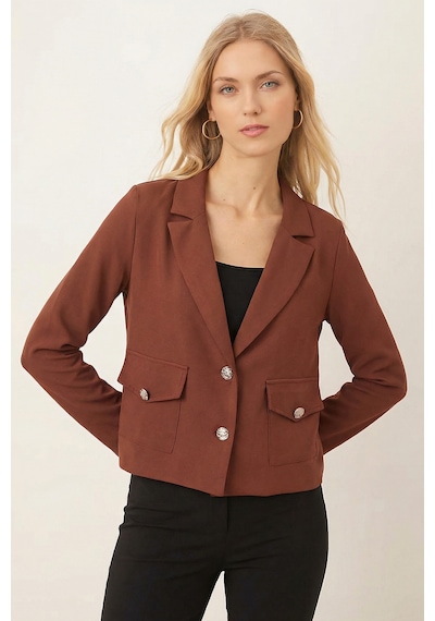 Armonika Kadın Koyu Kahve Erkek Yaka Kare Cepli Crop Ceket Arm-26k001026
