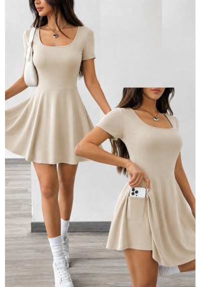 Efnaz Style Kadın Kısa Kollu Kare Yakalı Cep Detaylı Dalgıç Elbise Tulum Bej