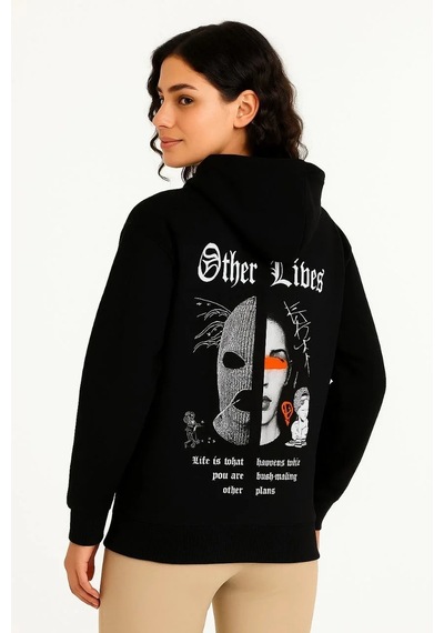 Tarz Yeri Kadın Kapüşonlu Kanguru Cepli Sweatshirt 3 İplik Pamuklu Baskılı Hoodie - Siyah