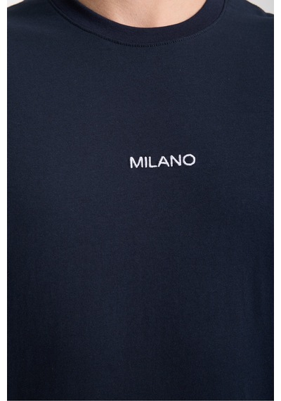 Erkek Milano Nakış Yazılı Oversize Bisiklet Yaka T-shirt Lacivert