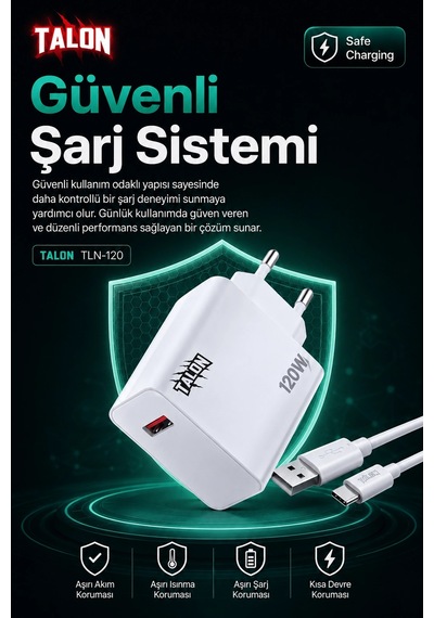 120w Hızlı Şarj Adaptörü Ve Kablo Seti Akıllı Çipli Güvenli Şarj Özellikli Diğer