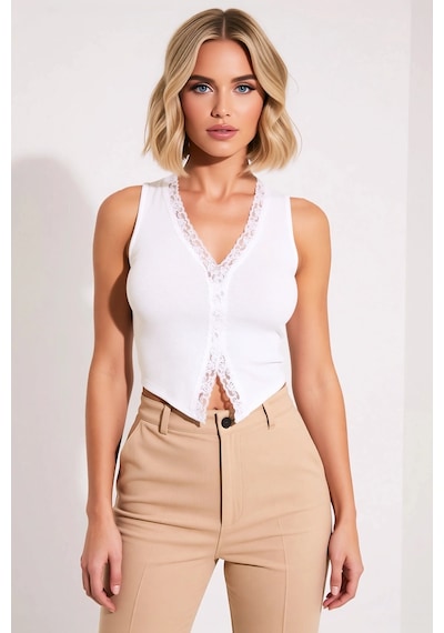 Benerly Kadın Bluz Fitted Crop V Yaka Kolsuz Dantel Detaylı Fitilli Kaşko Ekru