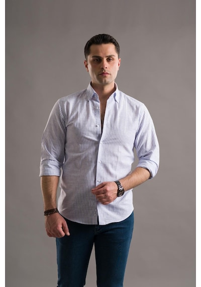 Evrytime Slimfit Yaka Düğmeli Çizgili Uzun Kol Yazlık Erkek Gömlek 001