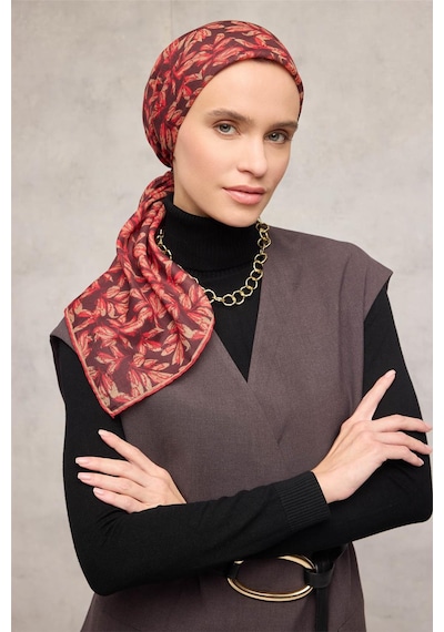 Silk Home Pamuk Polyester Soft Eşarp Kahverengi Çiçek Desenli Kaymaz Dokulu 90x90 Çok Renkli