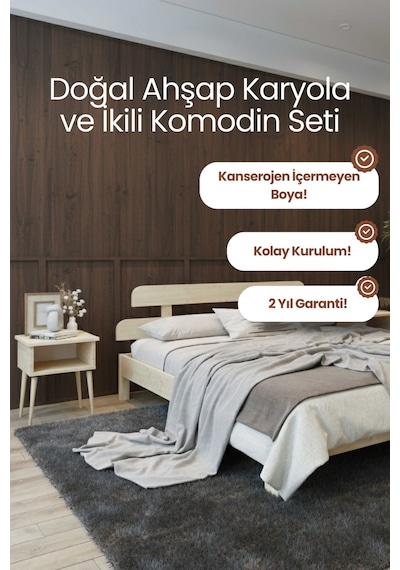 Renazzo Lotus New Masif Ahşap Karyola Ve 2 Adet Komodin Vernik 140x200 Vernik - 140 X 200