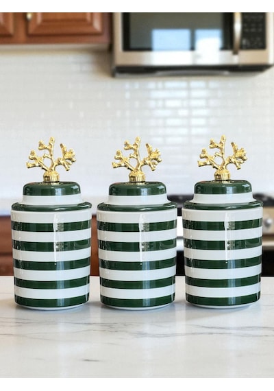 Baharatlık - Seramik Kapaklı 3 Lü Yeşil Zebra Gold