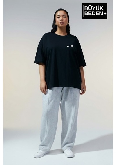 Superlife Kadın Büyük Beden Ar Baskılı 3xl-6xl Bisiklet Yaka Tshırt Spr26btsk510-1 Siyah